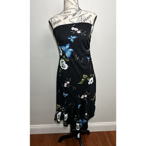 Hourglass Strapless Dress Medium Black Butterfly Asymmetrical Ruffle Fairy 90s